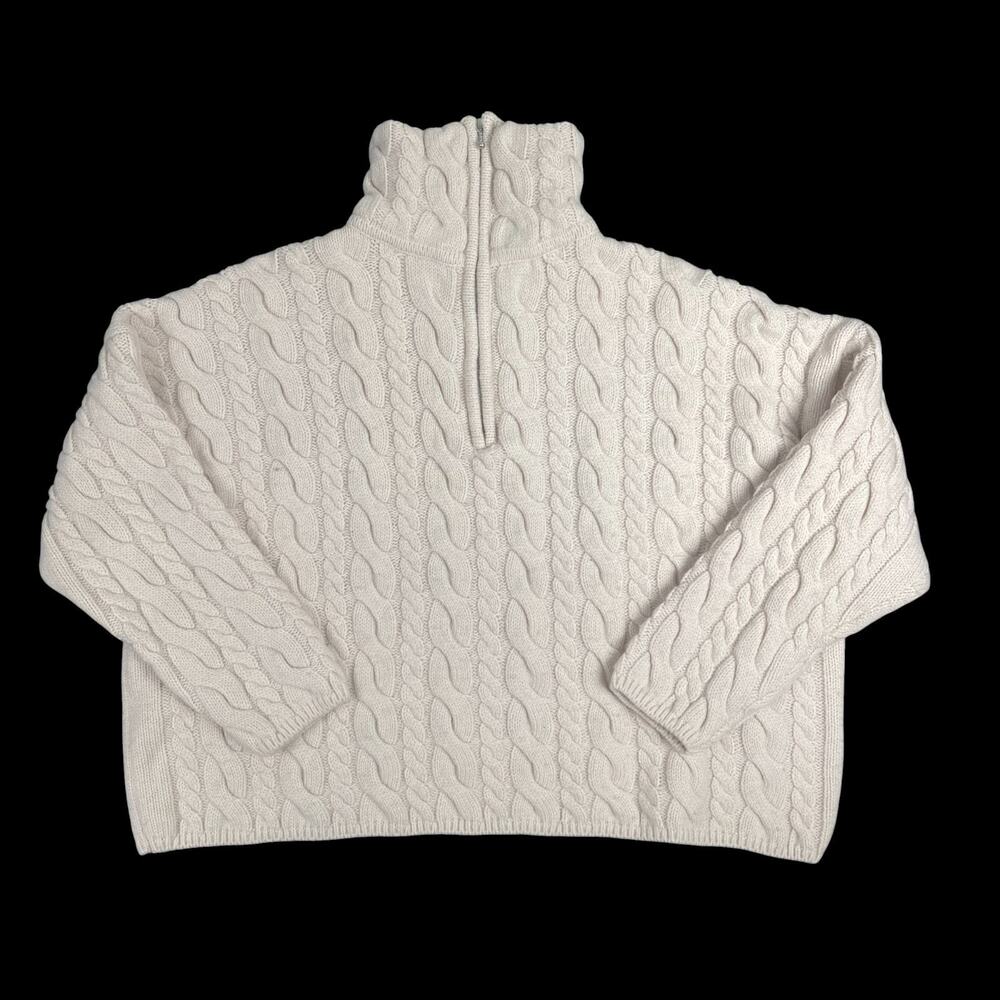 H&M Beige Cable Knit 1/4 Zip Cropped Sweater Sz XS Wool Oversized Ski Boho Snow